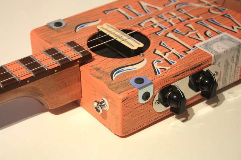 Workshop Series - Custom "Sympathy for the Devil" Orange crackle - 3 String Cigar Box Guitar