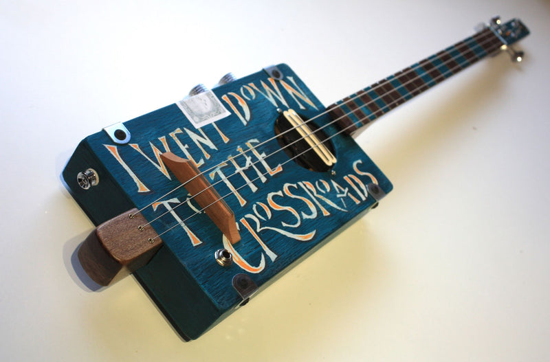 Workshop Series - Custom "I Went Down to the Crossroads" Dark Blue crackle - 3 String Cigar Box Guitar