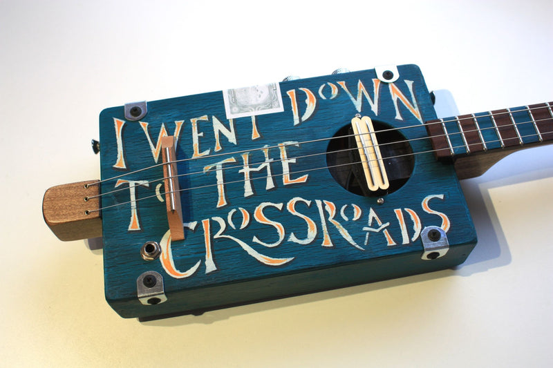 Workshop Series - Custom "I Went Down to the Crossroads" Dark Blue crackle - 3 String Cigar Box Guitar